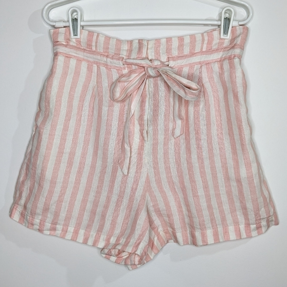 ✨3/$15 Cynthia Rowley pink white striped paper bag tie waist linen shorts S